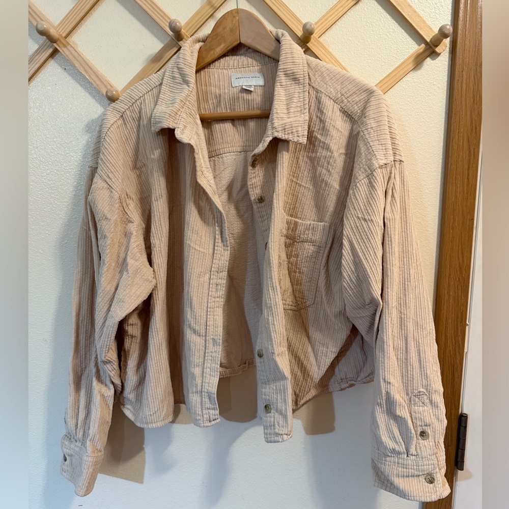 American Eagle Outfitters Beige Corduroy cropped button down top